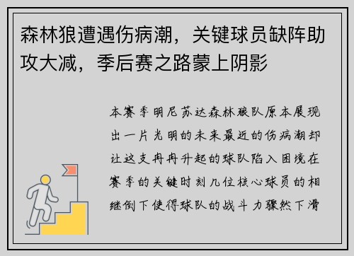 森林狼遭遇伤病潮，关键球员缺阵助攻大减，季后赛之路蒙上阴影