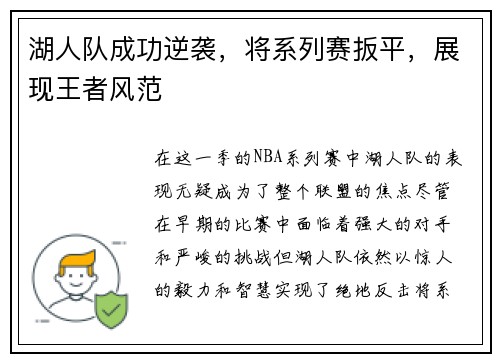 湖人队成功逆袭，将系列赛扳平，展现王者风范